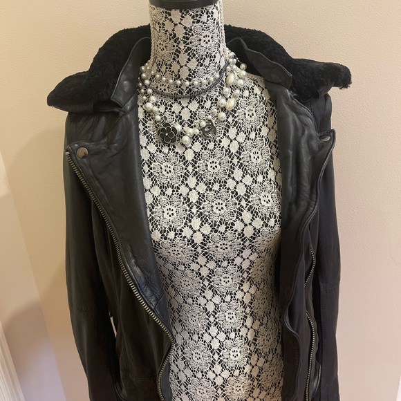 Muubaa shearling aviator biker jacket real sheepskin lamb leather size 6 black - Picture 2 of 13
